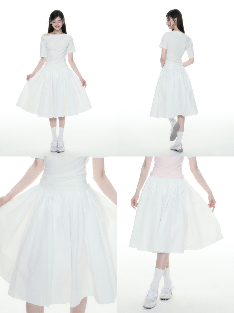 White midi skirt dress worn by a model, shown from multiple angles