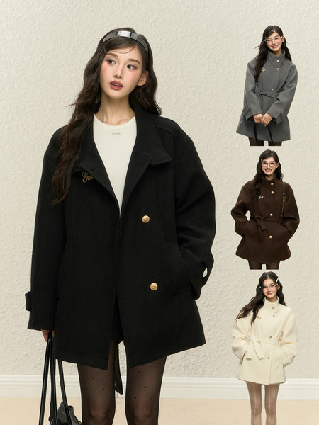 Model wearing a belted wool coat in multiple colors