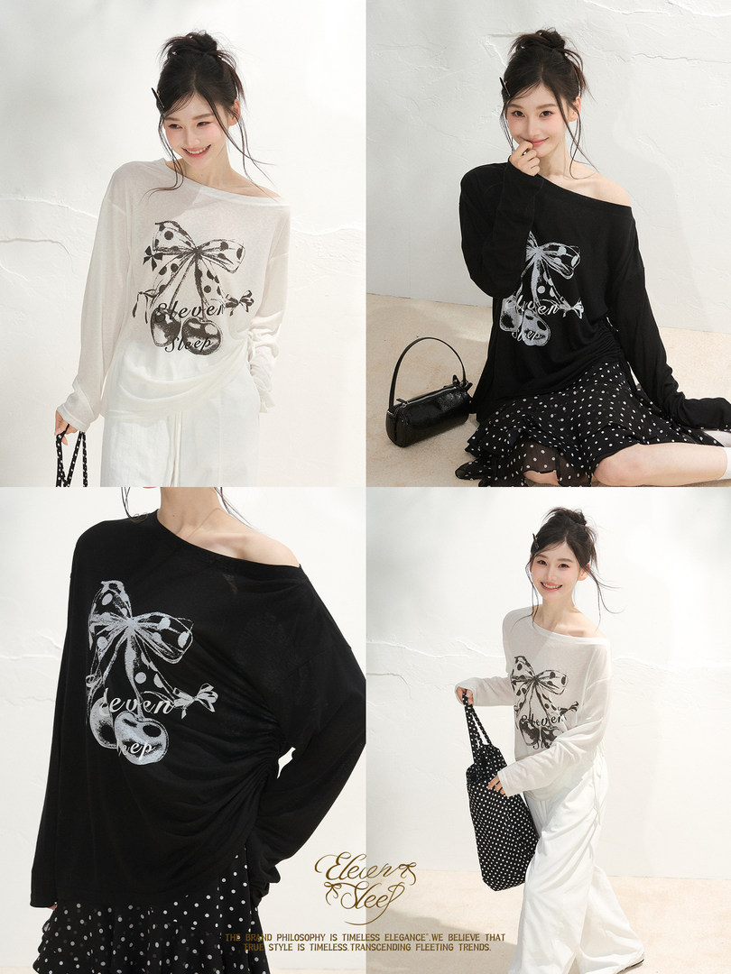 Model wearing an off-shoulder graphic long-sleeve top in black and white