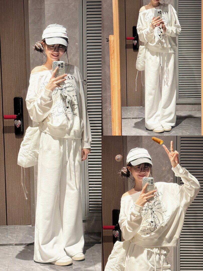 Woman wearing a white oversized graphic sweatshirt and wide-leg pants in a mirror selfie collage