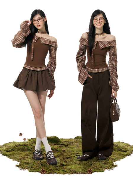 Two models wearing brown plaid off-shoulder fashion outfits with skirt and pants variants
