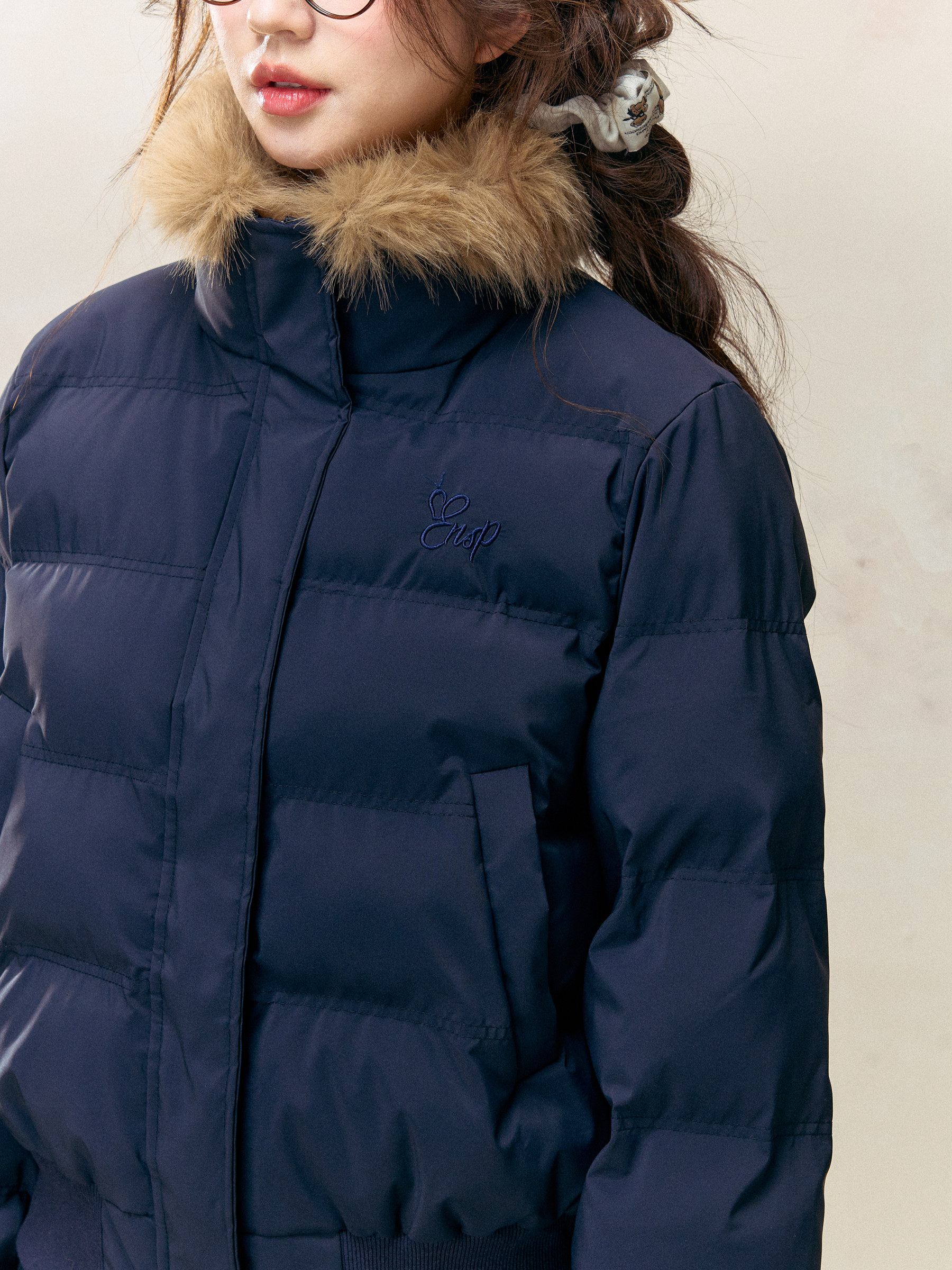 Winter Navy Blue Hooded Fur Collar Cotton Jacket for Women, Stylish, Warm, Thickened, Vintage Coat