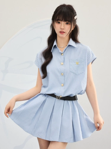 Летнее синее платье, юбка, воротник поло