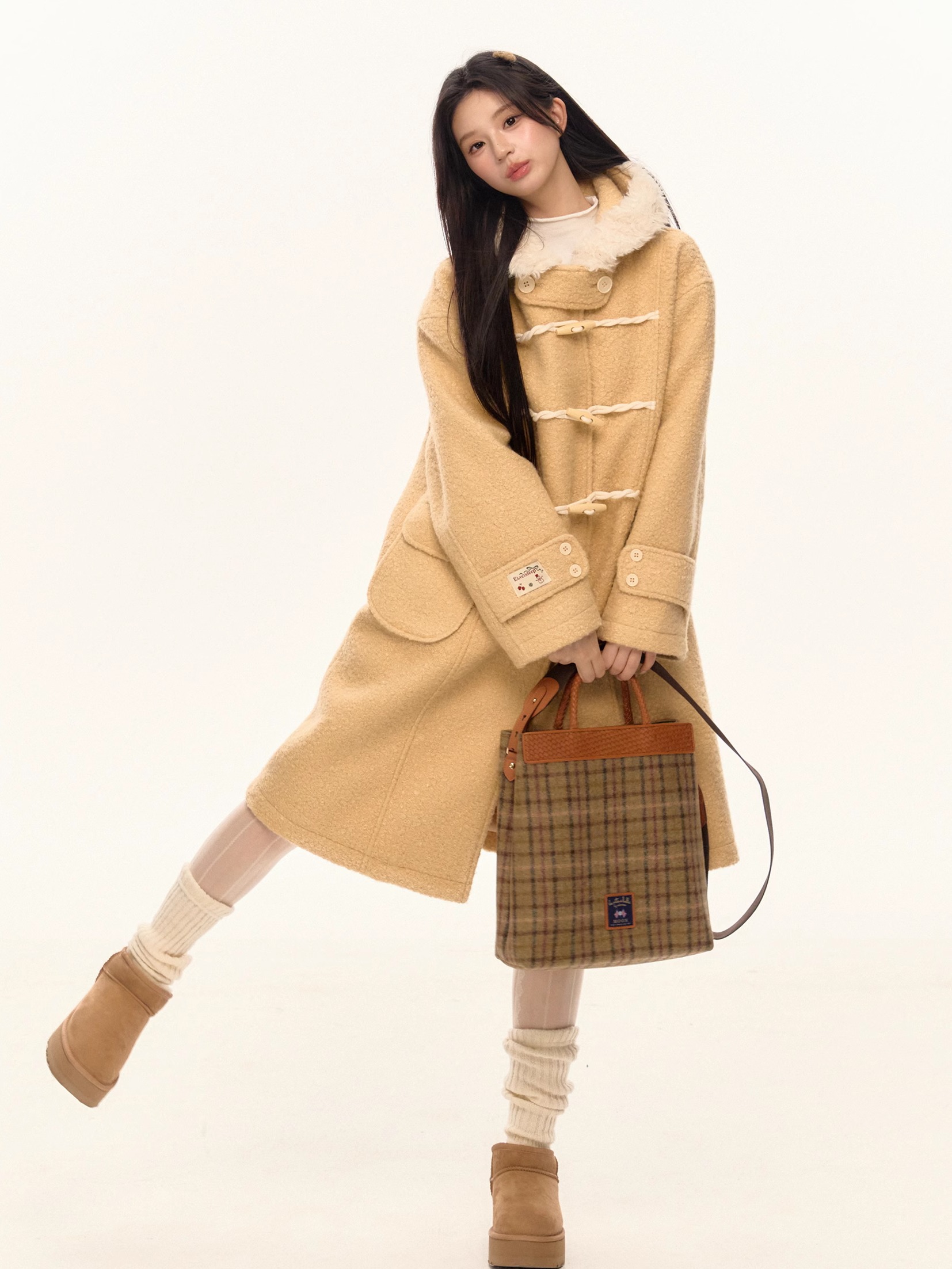 Winter Looped Woolen Horn Button Outwear for Women Loose Hooded Mid-Length Warm Outwear