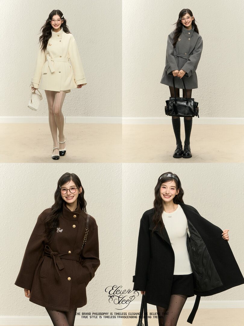 Four women wearing belted wool coats in cream, gray, brown, and black