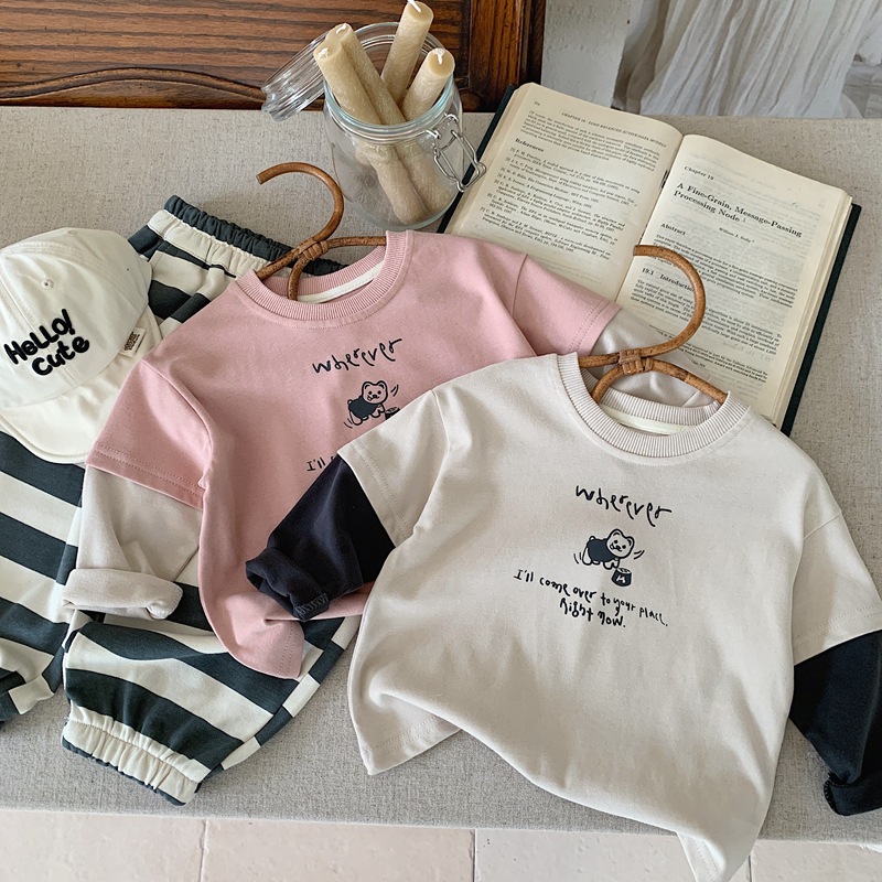 韩版童装春秋男女童粉色假两件长袖T恤小童休闲卫衣秋装体恤男童