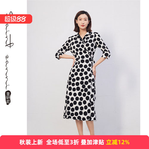 圣轩尼新品复古透气黑点连衣裙