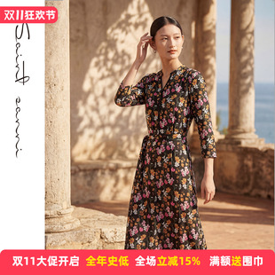 圣轩尼新品针织印花修身花边立领修身版型七分袖女士连衣裙F160