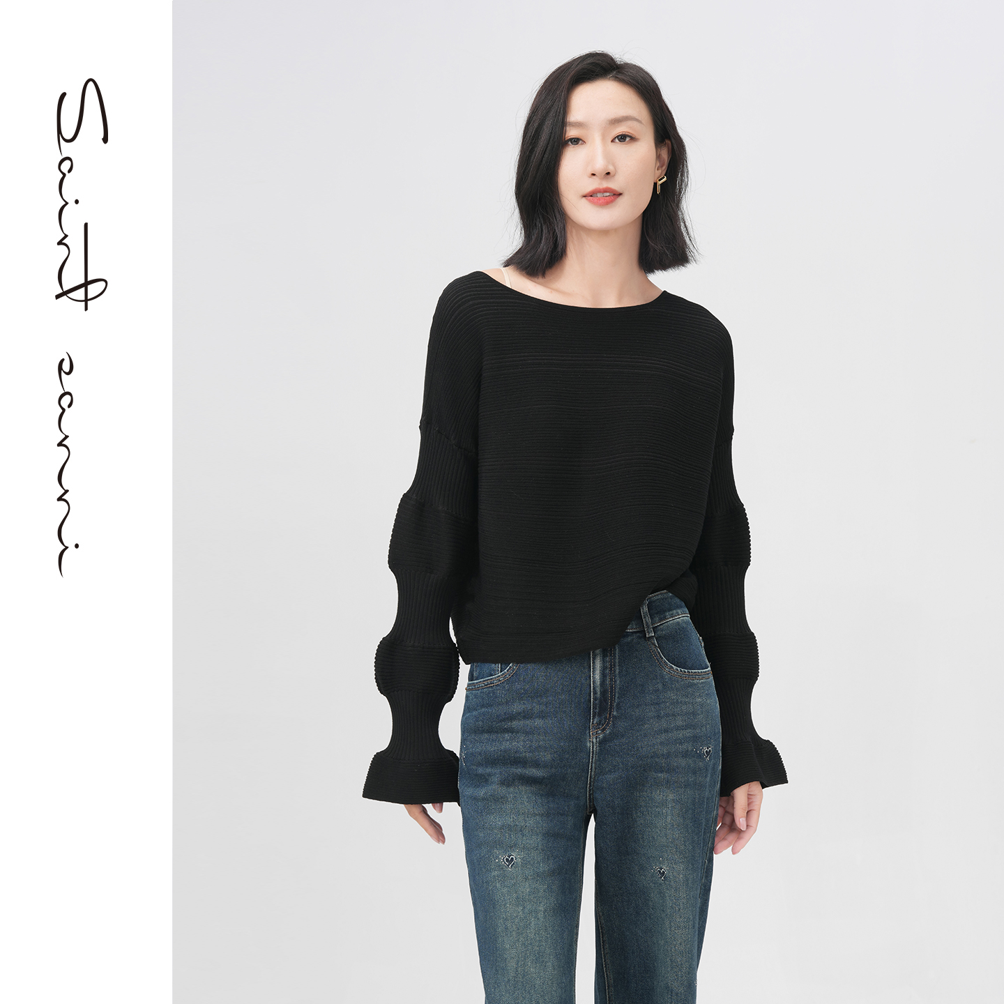 新品首发圣轩尼秋冬含棉羊毛舒适保暖女装不规则设计针织衫gf192