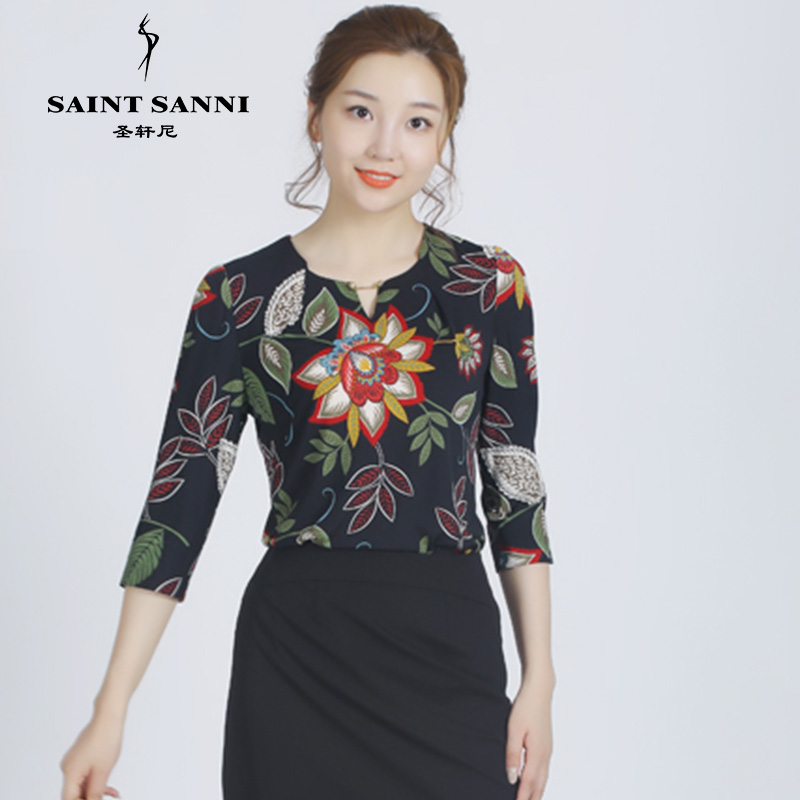 圣轩尼夏心机圆领中袖黑底红花气质女衬衫w128