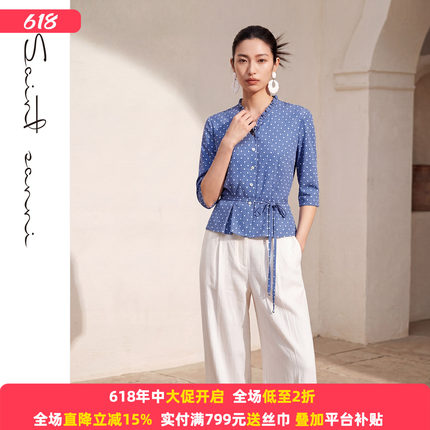 圣轩尼波点清新休闲V领短袖休闲衬衫女A982