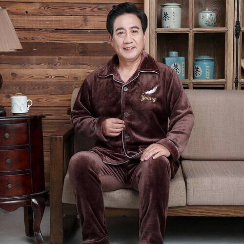 中老年加厚长袖长裤居家睡衣男爷爷保暖冬装可外穿爸爸法兰绒外套