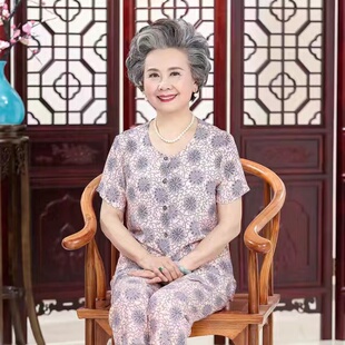 纯棉绸中老年人开身睡衣女妈妈装 夏季 短裤 短袖 宽松家居服 婆婆薄款