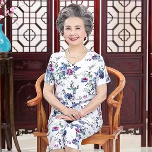 短裤 短袖 纯棉绸老年人透气吸汗睡衣女妈妈休闲家居服 婆婆开衫 夏季