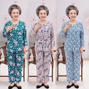 老太太夏天T恤长袖衣服纯棉绸姥姥人造棉睡衣女奶奶装开衫九分袖