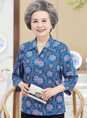 老太太夏天衬衫翻领上衣中袖女装