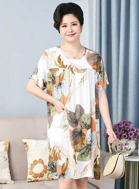 老人夏季睡裙女纯棉绸老太太短袖连衣裙宽松大码奶奶裙子简约舒适