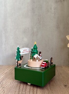 木质卡车绿色圣诞节音乐盒工艺品八音盒摆件创意礼品圣诞节音乐盒