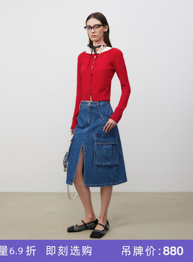 [断码]lost in echo2025春夏新款红色马海毛轻薄针织开衫上衣女