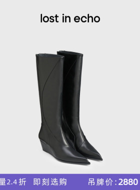 [断码]lost in echo2024秋冬新款坡跟高跟宽筒尖头线条拼接