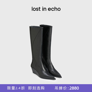 断码 lost 坡跟高跟宽筒尖头线条拼接 echo2024秋冬新款