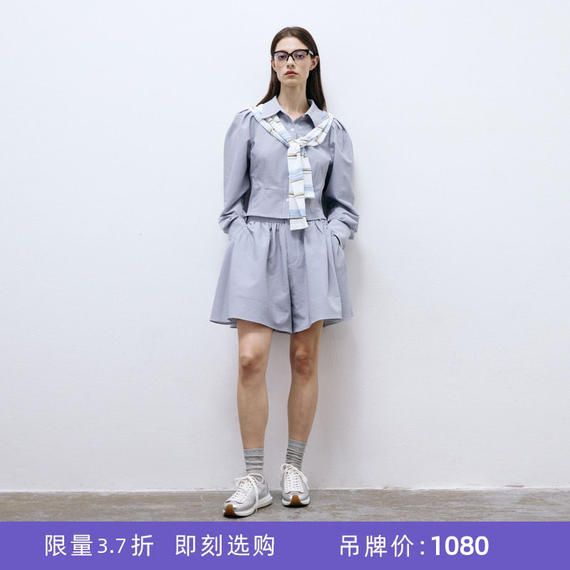 [断码]lost in echo春夏泡泡袖收腰蓝条纹短衬衫荷叶短裤（微瑕）图片