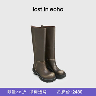 lost echo秋冬翘圆头宽筒厚底真皮巴恩风长筒骑士靴子女 断码