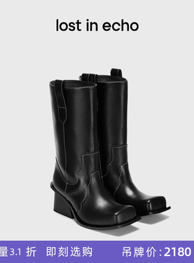 [断码]lost in echo显瘦增高翘方头宽筒粗跟拼色牛仔中筒靴