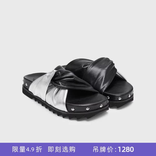 皱皮拼色扭结铆钉真皮勃肯拖鞋女