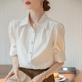 法式 职业通勤短袖 泡泡袖 女面试正装 小个子白上衣 蓝色衬衫 2026夏季