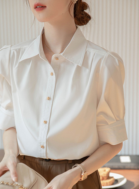 2025夏季法式泡泡袖蓝色衬衫女面试正装职业通勤短袖小个子白上衣