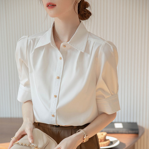 法式泡泡袖白色衬衫女面试