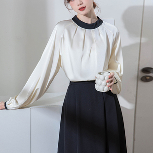 女拼色立领背后系带套头上衣 小众温柔气质蝴蝶结衬衫 2026春季 新款