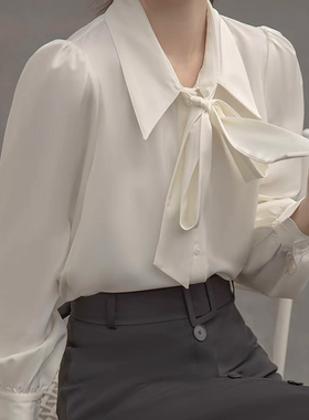 灯笼袖春秋蝴蝶结衬衫白色通勤衬衣女法式飘带设计感职业内搭上衣
