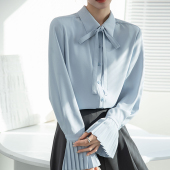 内搭长袖 春秋新款 飘带上衣 法式 领带蝴蝶结职业西装 风琴袖 蓝色衬衫