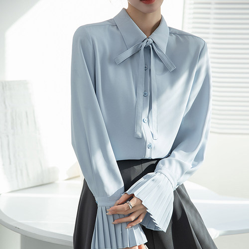 秋冬新款风琴袖蓝色衬衫法式领带蝴蝶结职业正装内搭长袖飘带上衣