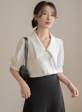 白色短袖衬衫女夏季轻熟法式设计感上衣职业面试正装v领雪纺衬衣