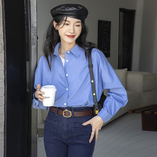2026春秋新款韩版宽松廓形慵懒条纹蓝色衬衫女长袖简约百搭衬衣