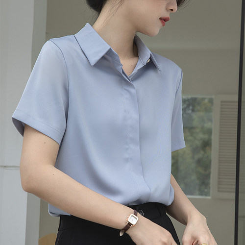 2026夏季新款蓝色正装职业衬衫女短袖上衣缎面正肩气质面试衬衣