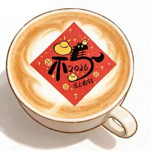 2026咖啡糯米纸新年快乐可食用装饰拉花饮品奶茶马年节日图案定制