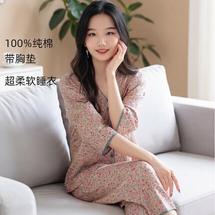 纯棉睡衣女夏七分袖开衫式碎花家居服带胸垫薄款可外穿短袖睡衣夏