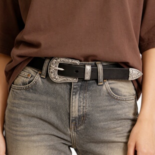 带复古时尚 饰简约百搭裤 潮雕花纯牛皮腰带 真皮皮带女装 明星同款