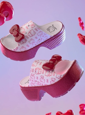 Crocs Stump拖鞋凯特猫50周年红色闪光卡通凉鞋增高休闲沙滩鞋