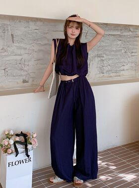 韩系薄款天丝牛仔休闲套装女夏季2026年新款无袖上衣阔腿裤两件套