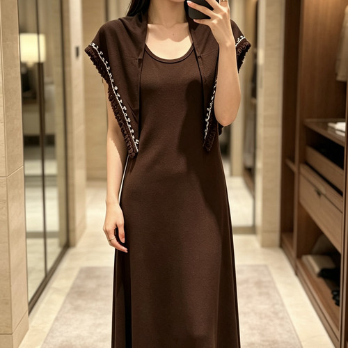 柒朵-秋上新极简风咖色背心长款连衣裙(配披肩)811012