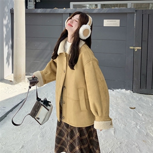 优雅风羊羔毛外套女2025冬加厚保暖小个子短款卡其色外套