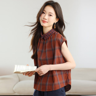 女夏季妈妈无袖新款纯棉衬衫中年格子洋气2026娃娃五十多岁薄款衫