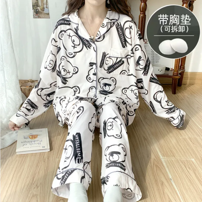 春秋季新款睡衣女仿棉长袖开衫翻领带胸垫套装大码胖MM外穿家居服