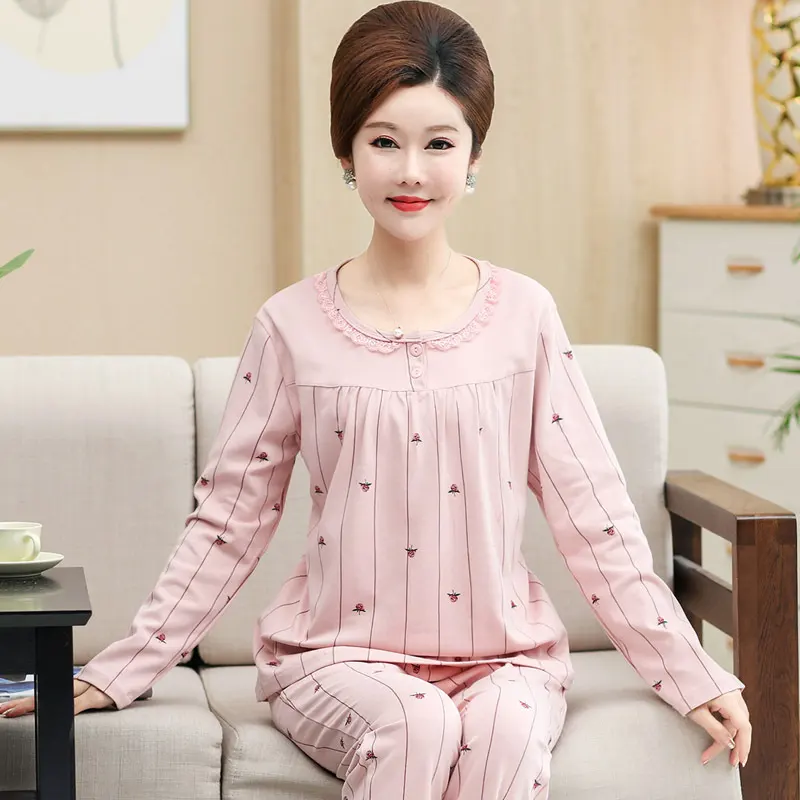 睡衣女秋长袖纯棉妈妈中年女士春秋季薄款全棉圆领大码家居服套装