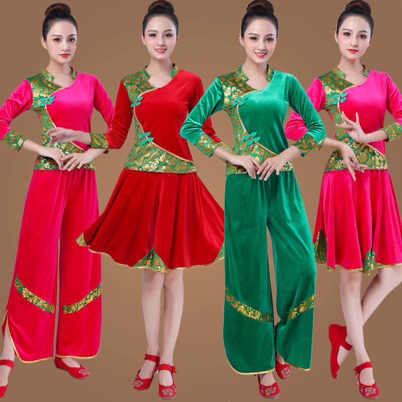 广场舞服装新款套装秋冬亮丝韩国绒金丝绒扇子舞表演演出跳舞衣服